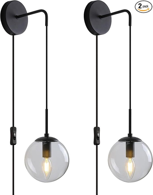 KUZZULL Wall Sconces Set of Two Black Plug in Wall Sconces Set of 2 with Globe Clear Glass Shade Wall Lights Wall Lamps for Bedrooms Sconces Wall Decor Set of 2 with Plug in Cord Switch for Bedside