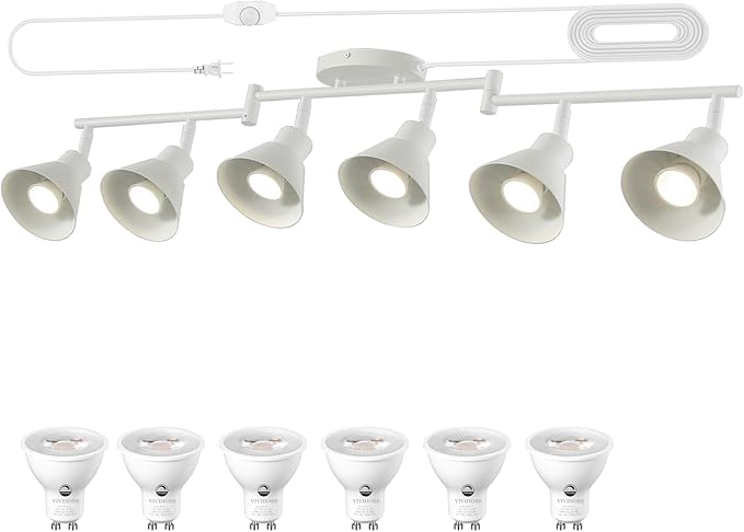 6 Light Plug in Track Lighting Kit,Modern Plug in Ceiling Light Fixture,16.4ft Cord,6 Way Ceiling Spot Lighting,Flexibly Rotatable Light Head (White)