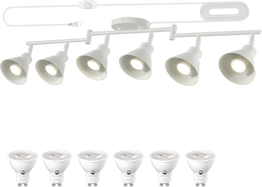 6 Light Plug in Track Lighting Kit,Modern Plug in Ceiling Light Fixture,16.4ft Cord,6 Way Ceiling Spot Lighting,Flexibly Rotatable Light Head (White)