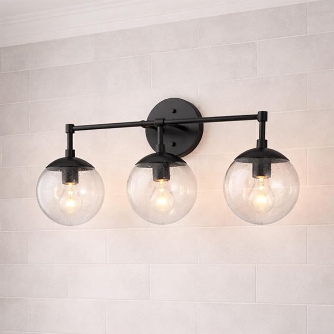 Design House Gracelyn Matte Black 3-Light Bathroom Vanity Light, Clear Seedy Glass Globes, Dimmable, 24 in. W, 588889-BLK