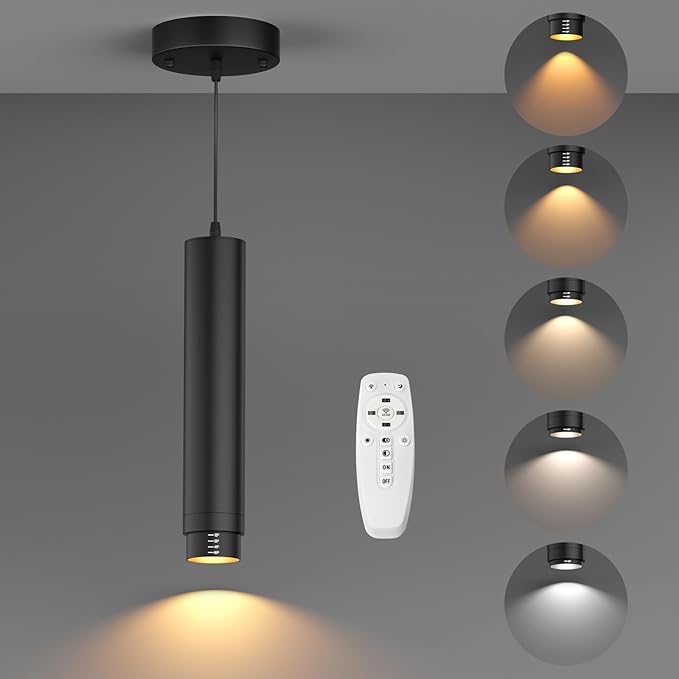 Remote Control LED Pendant Lights with Adjustable Cord, Dimmable Hanging Pendant Lighting Fixtures for Kitchen Island Over Table, Zoomable 2700K-6000K, CRI97+ 10W 1000LM, Black (1 Pack)