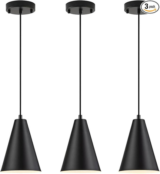 Black Pendant Lights, 3 Pack Industrial Metal Hanging Lamp Modern Vintage Farmhouse Pendant Lighting Fixtures for Kitchen Island Dining Room Bedroom