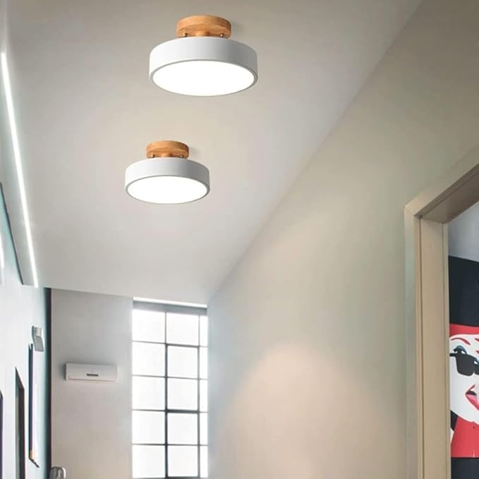 Close To Ceiling Lights Round Metal Three-Color Led Ceiling Light Minimalist Circle Wood Canopy Ceiling Lamp Semi Flush Mount Ceiling Light Fixtures for Restaurant Living Room Kitchen Entry Hallway Ba