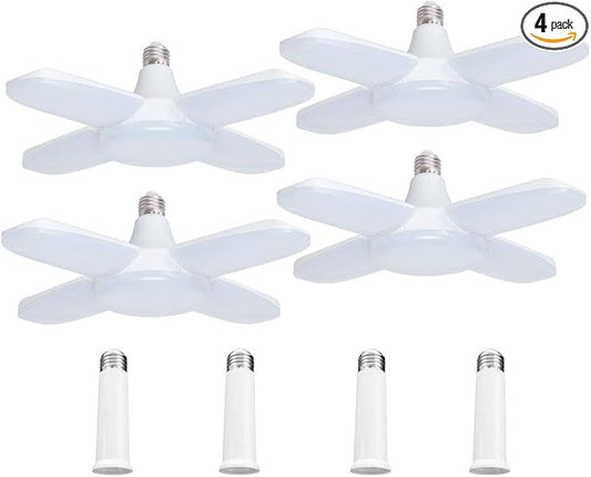 4 Pack LED Garage Lights, 6000LM 60W Deformable Shop Light with 4 Adjustable Panels, 6000K Garage Lights Ceiling Led, E26 Base - 360° Foldable Design for Warehouse/Basement/Workshop