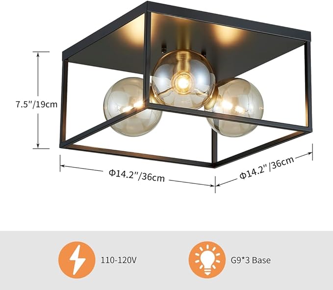 AGV LIGHTING Flush Mount Ceiling Light Fixture Black and Brass Gold with Amber Glass Bubble Shades 3-Light Industrial Modern Ceiling Lamp for Bedroom Kitchen Living Room Dining Room