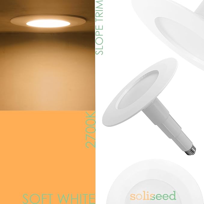 Soliseed 5/6 Inch LED Can Lights Length Adjustable Recessed Lights,Retrofit Downlight ETL Damp Rated,12W=60W,2700K Soft White,800LM, Dimmable,Bevel Trim,Easy Install,4-Pack
