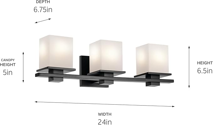 Kichler Tully 24" 3-Light Bathroom Vanity Light Fixture with Satin Etched Cased Opal Glass in Black for Over Mirror, Soft Modern Style (24" x 6.5" x 7"), 45151BK