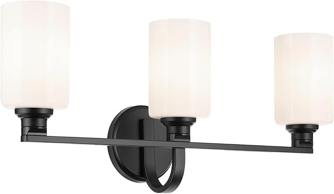 Kichler Gioe 24.25 in 3-Light Bathroom Vanity Light Fixture with Opal Glass in Black, Modern Wall Mount Over Mirror for Powder Room, Damp Rated (24.25 in W x 10.5 in H), 55226BK