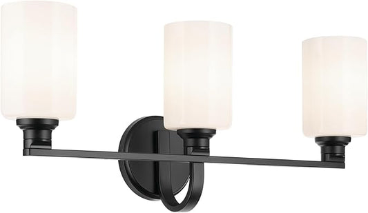 Kichler Gioe 24.25 in 3-Light Bathroom Vanity Light Fixture with Opal Glass in Black, Modern Wall Mount Over Mirror for Powder Room, Damp Rated (24.25 in W x 10.5 in H), 55226BK