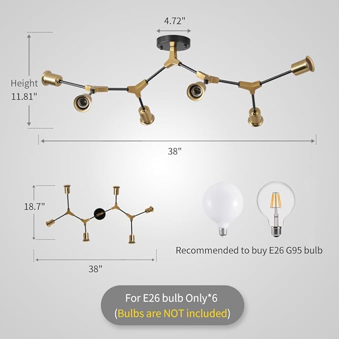 Modern Sputnik Semi Flush Mount Ceiling Light Fixture Gold and Black,Metal Mid Centur 6 Light Chandelier for Dining Room Bedroom Kitchen Hallway Foyer Living Room