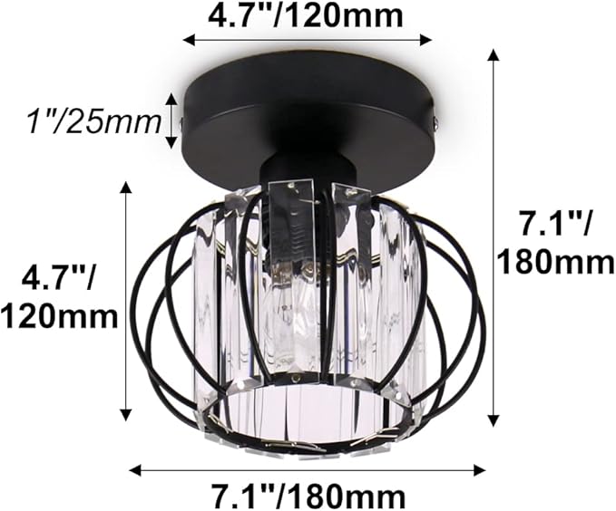 FRIXCHUR Black Modern Semi Flush Mount Ceiling Light Fixture Ceiling Light Shade Mini Crystal Chandeliers Ceiling Light for Kitchen Island Hallway Closet Dining Room Bedroom Staircase E26 Base