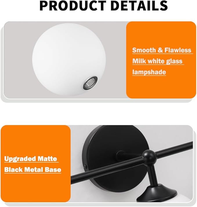 Black Bathroom 3-Lights Vanity Light Fixtures, Minimalist Vanity Lights with Milky White Glass Shade, Modern Wall Sconces over Mirror, Wall Lamp for Bathroom Dressing Table Bedroom Living Room