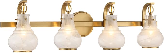 Savoy House 8-4417-4-322 Adams Modern Vintage Traditional White Strie Glass Bathroom Vanity Wall Light, 4-Light 240 Total Watts, 9" H x 32" W, Warm Brass