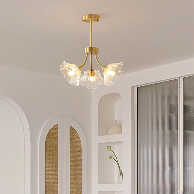 Semi Flush Mount Ceiling Lights Mid Century Modern Ceiling Light Fixture 3-Light Gold Brass Chandelier Lighting with Clear Glass Flower Shape for Bedroom Living Dining Room Hallway
