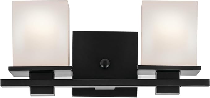 Kichler Tully 15" 2-Light Bathroom Vanity Light Fixture with Satin Etched Cased Opal Glass in Black for Over Mirror, Soft Modern Style Lighting (15" x 6.5" x 7"), 45150BK