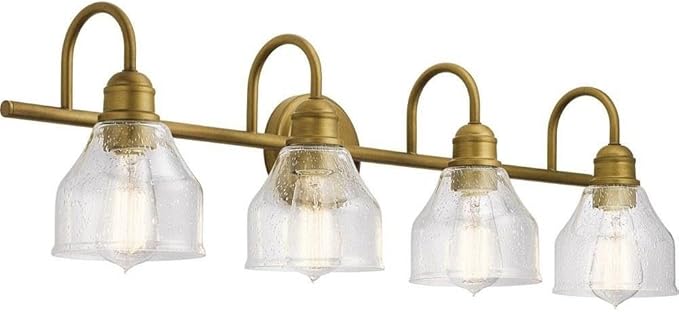 Kichler Avery 4-Light Bathroom Vanity Light Fixture with Clear Seeded Glass, Modern Farmhouse Industrial Style in Natural Brass, 300 Total Watts (33.5" x 9.5" x 8.25"), 45974NBR