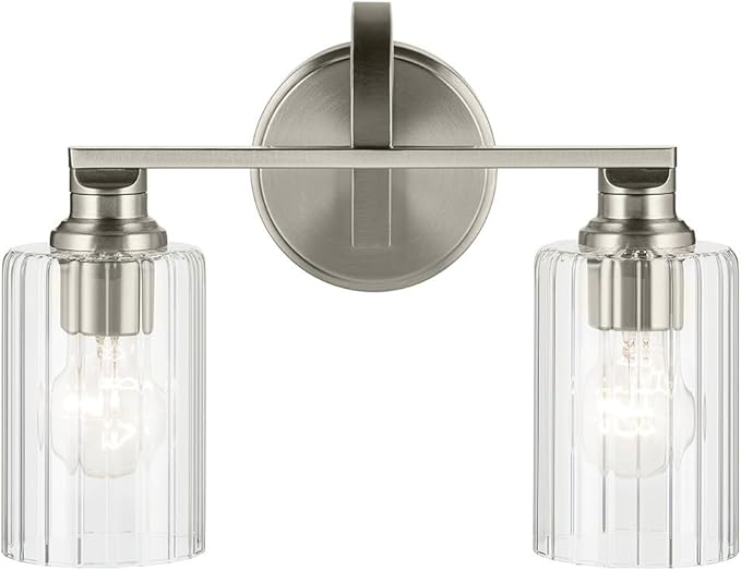 Kichler Gioe 14.25" 2-Light Bathroom Vanity Light Fixture with Clear Fluted Glass in Brushed Nickel, Damp Rated for Bathroom Over Mirror (14.25" W x 10.5" H), 55225NIFLU