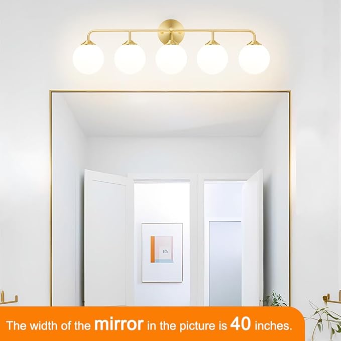 Modern Brushed Brass 5-Lights Bathroom Vanity Light, Lighting Fixtures Over Mirror with Milky White Glass Ball Shades, Wall Sconces for Bathroom Dressing Table Bedroom