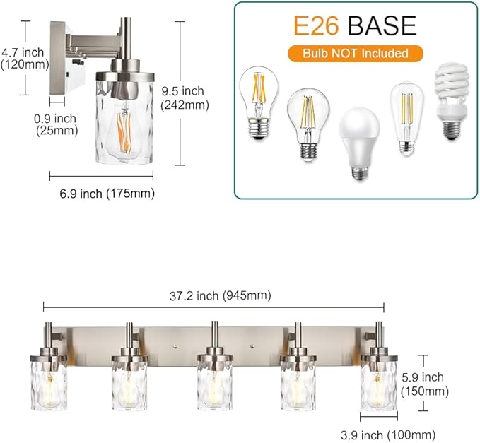Bathroom Vanity Lighting Fixtures 5 Lights,Brushed Nickel Bathroom Vanity Lights with Clear Hammered Shade Wall Sconce Lighting Modern Farmhouse Bath Lighting