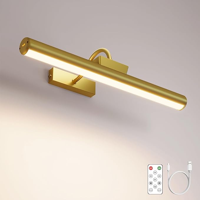 16in Wireless Picture Light with Remote, Battery Operated Picture Lights for Wall 5000mAh, 3 Color Modes and Dimmable LED Art Lighting with Timer for Painting, Frame, Gallery, Bedroom (Gold-1Pack)