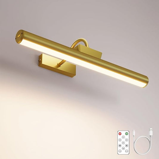 16in Wireless Picture Light with Remote, Battery Operated Picture Lights for Wall 5000mAh, 3 Color Modes and Dimmable LED Art Lighting with Timer for Painting, Frame, Gallery, Bedroom (Gold-1Pack)