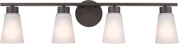 Kichler Stamos 4-Light Bathroom Vanity Light Fixture with Satin Etched Glass Shades, 26 in Modern Wall Light in Black for over Mirror (26 in x 8 in x 5 in), 52608BK