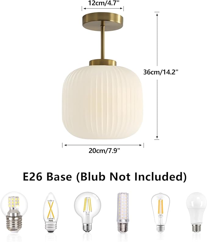 KCO Lighting Ribbed Milk Glass Flush Mount Light Gold and White Ceiling Lights Brass Kitchen Lighting Fixtures Small Globe Semi Flush Mount Ceiling Light for Hallway Stairway