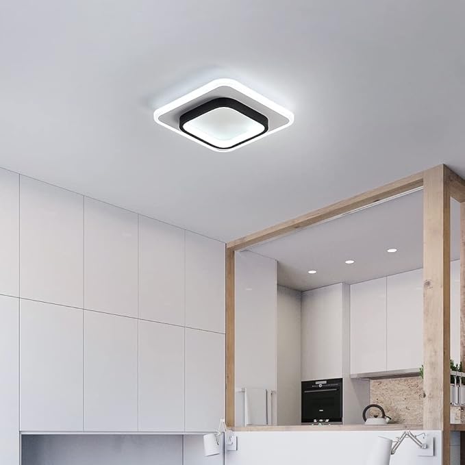LED Ceiling Light 22W Modern Ceiling Lamp, Cool White 6500K 9.5 Inch Square Close to Ceiling Lights for Bedroom Hallway Office Kitchen Dining Room Entrance(Black & White)