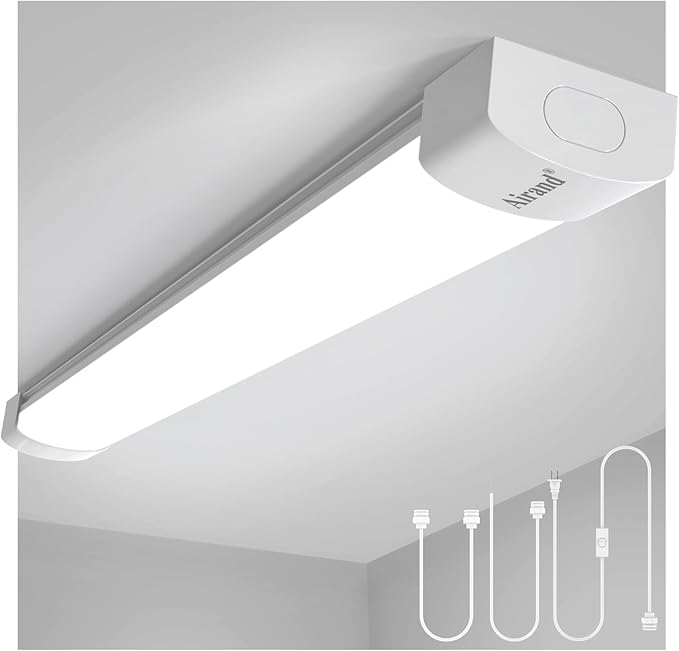 Airand Ceiling Lights LED Plug in 2ft Flushmount LED Tube Light 5000K Linkable Garage Light Fixture 18W Wraparound Ceiling Lamp Utility Shop Light Corded Under Cabinet Light with ON/Off Switch