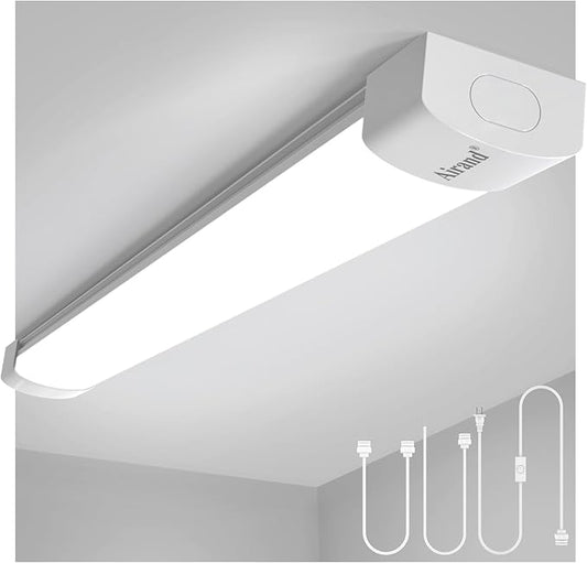 Airand Ceiling Lights LED Plug in 2ft Flushmount LED Tube Light 5000K Linkable Garage Light Fixture 18W Wraparound Ceiling Lamp Utility Shop Light Corded Under Cabinet Light with ON/Off Switch