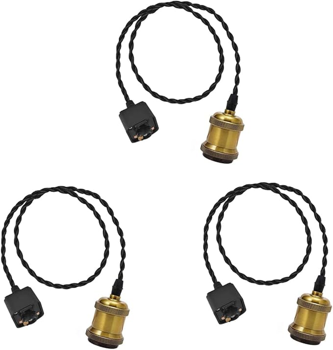 Kiven 3-Light H-Type Wire Track Light Pendants, 7 Inch Cord Length Black Weave Rope, Restaurant Chandelier Decorative Pendant Light Industrial Factory Pendant Lamp 3 Pack,Bulb Not Included（Gold）