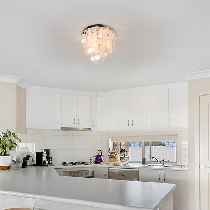 Capiz Flush Mount Ceiling Light, 3-Light Shell Light Fixtures Ceiling Light Fixtures for Living Room, Bedroom, Kitchen Island, Foyer, Entryway, Seashell Coastal, Chrome