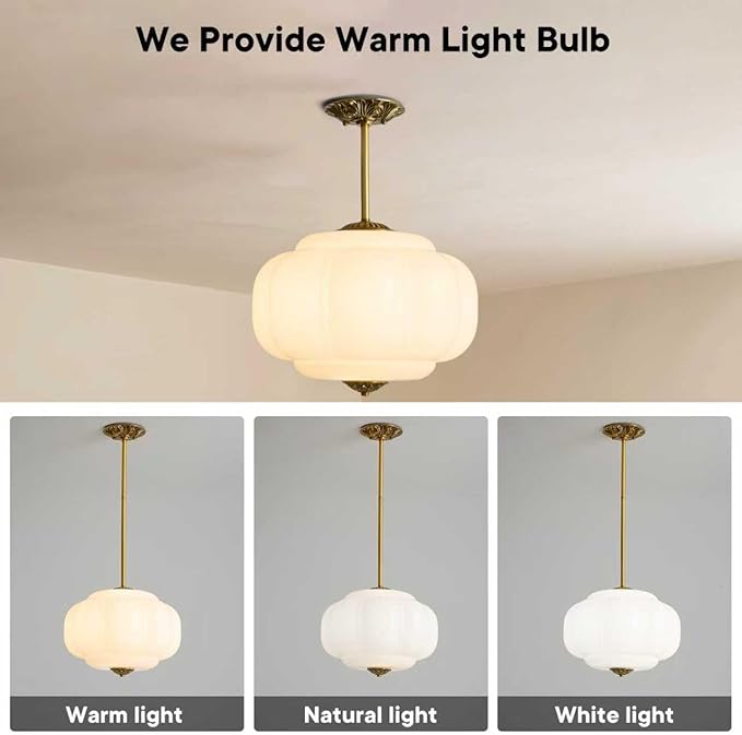 Milk Glass Ceiling Light Fixture,Milk Glass Pendant Light ,Semi Flush Mount Pendant Light Vintage Schoolhouse Ceiling Light for Kitchen Island, Living Room, Dining Room, Bedroom (White, 15 Inch)
