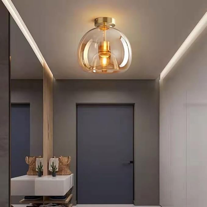 Nordic Mid Century Corridor Globe Semi Flush Mount Ceiling Light Fixture Amber Smoke Grey Glass Ceiling Lighting Simple Mini Ceiling Lamp for Aisle Porch Stairway Closet Kitchen