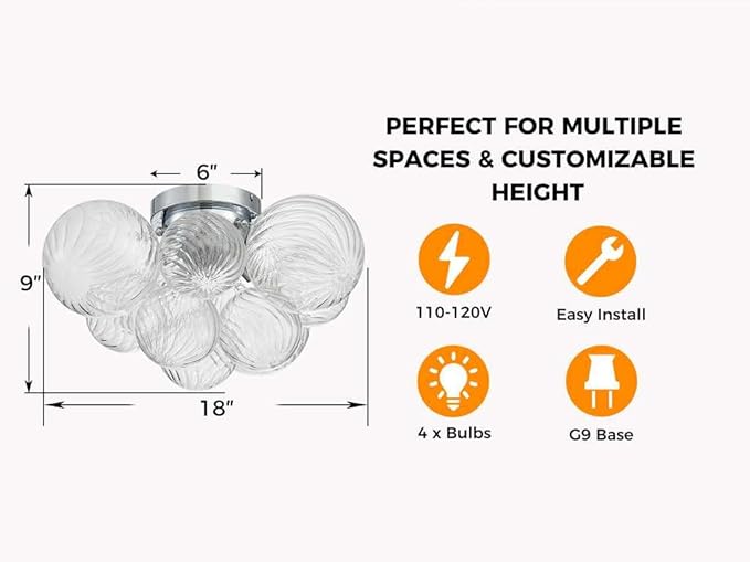 AGV LIGHTING Modern Bubble Glass Flush Mount Ceiling Light Fixture, Chrome 4-Light Ceiling Chandelier with Clear Textured Glass Globe Shades, 18” Living Room Bedroom Dining Room Lighting
