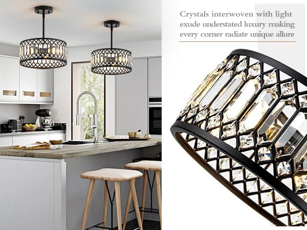 Crystal Black Ceiling Light, Modern Light Fixture Ceiling, Chandelier for Living Room Dinning Room Bedroom Walk-in Closet 3-Light 12.2 Inch
