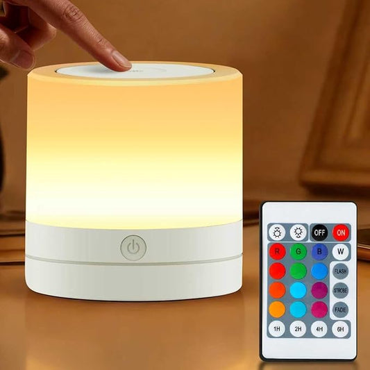 Portable Night Light for Kids, USB Rechargeable Small Desk Lamp,13 RGB Colors & 4 Brightness & 1 Remote, Touch Bedside Table Lamp for Nursery Bedroom Living Room Home (White)