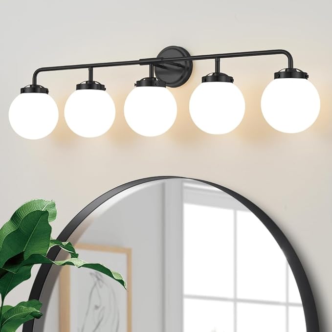 Bathroom Light Fixtures Over Mirror, 5-Light Matte Black Vanity Lighting with Milk White Glass Globe Shades Modern Wall Sconce