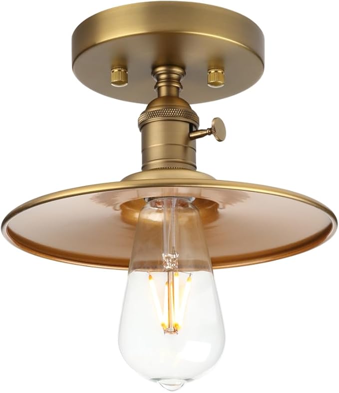 Phansthy Ceiling Light Fitting E26 Vintage Metal Shade Hanging Semi Flush Mount Pendant Lamp, Industrial Edison Ceiling Light Fixtures for Kitchen Bedroom Hallway Loft (Flat Metal Shade -Antique)