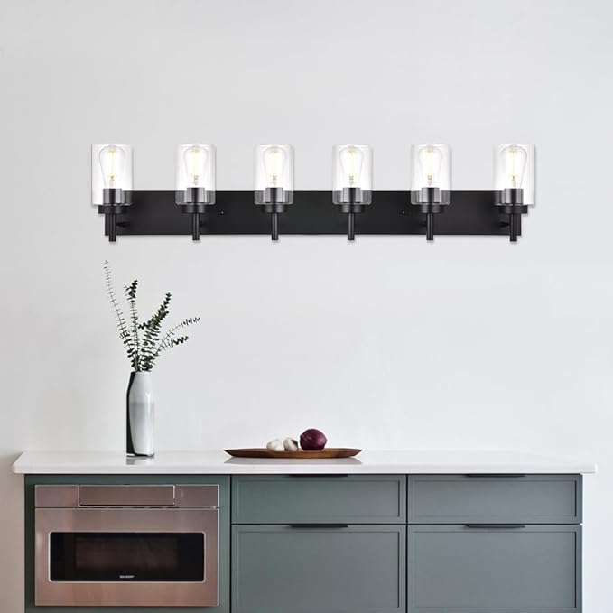 VINLUZ 6-Light Bathroom Vanity Light Fixture Black Modern Wall Lighting with Clear Glass Shade Industrial Sconces Wall Mounted Lamp for Kitchen Dining Room (Patent No.: US D958,438 S)