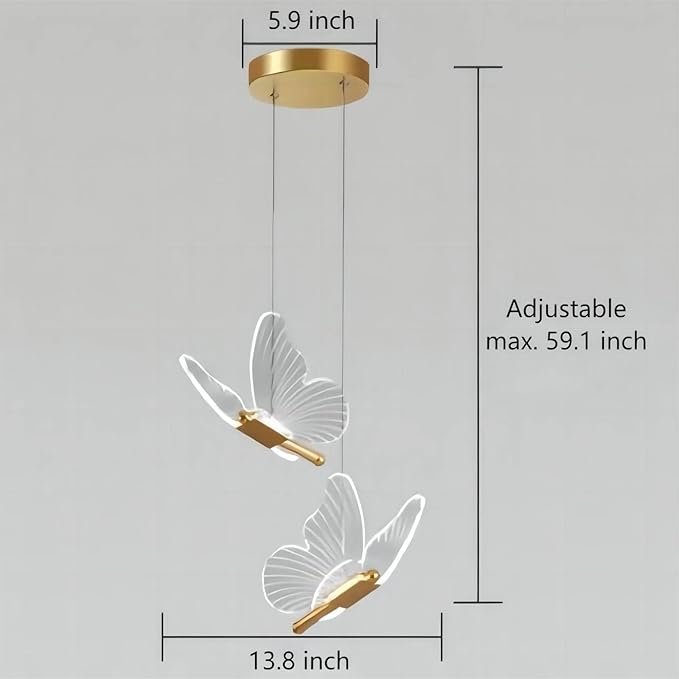 2 Lights Butterfly Gold Pendant Light, 13.8 Inch LED Acrylic Hanging Lamp for Bedroom, Living Room, Kitchen Island (Gold, Butterfly)