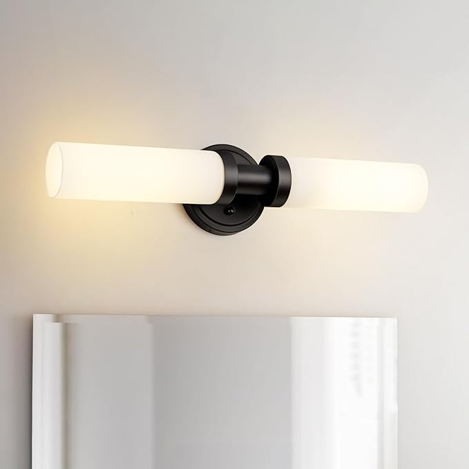 SANTOSTOCK Black Bathroom Light Fixtures, 2-Light Wall Sconces Lighting W/White Glass Shade, Modern Vanity Lights for Mirror, Wall Mounted Lamp, E26 T10 Bulbs(Excluded)