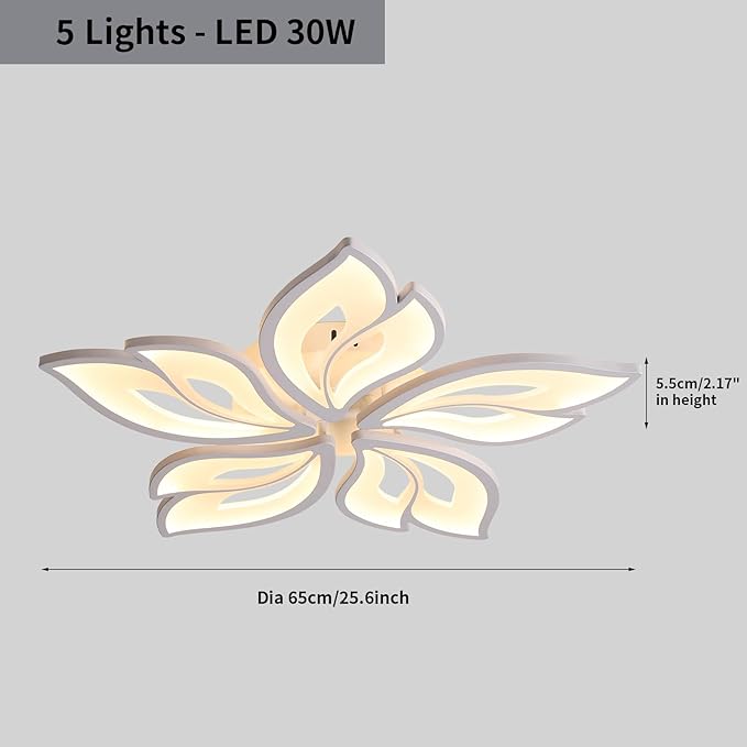 JAYMP 25.6" Flower Shaped Ceiling Light Dimmable Modern Ceiling Lamp Remote Control LED Lighting Fixture for Bedroom Dining Room Kitchen (White/5 Petals)