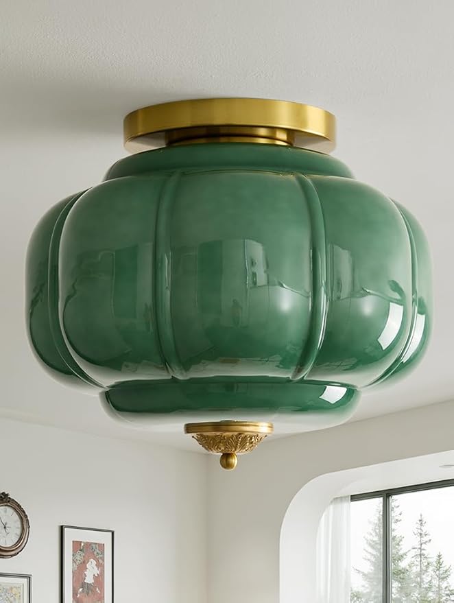 Vintage Ceiling Light Fixture 15 inch Semi Flush Mount Ceiling Light Antique Green Mid Century Milk Glass Ceiling Light for Kitchen Dining Room Hallway and Bedroom E26