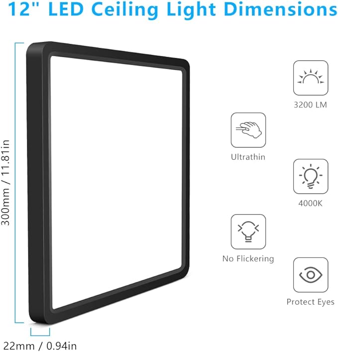 12Inch 24W Square LED Ceiling Light Fixtures Flush Mount, 4000K Natural White Ceiling Lamp, Surface Mount Modern Ceiling Lights, Slim Flat Panel Lighting for Bedroom, Kitchen, Bathroom Etc.Black