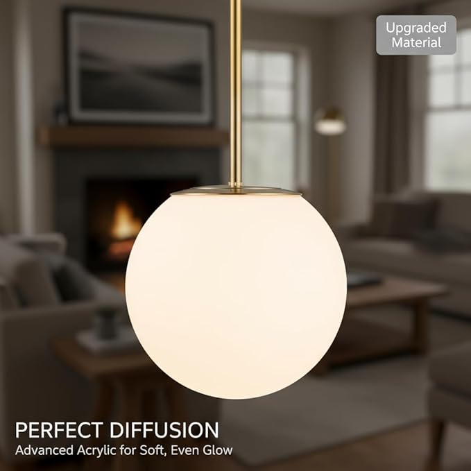 Modern Globe Pendant Light – Large Mid Century, Shatterproof Acrylic Opal Shade, Gold Finish, 2-Light, Adjustable Height for Sloped Ceilings, Hanging Lamp for Kitchen Island Dining Room Hallway