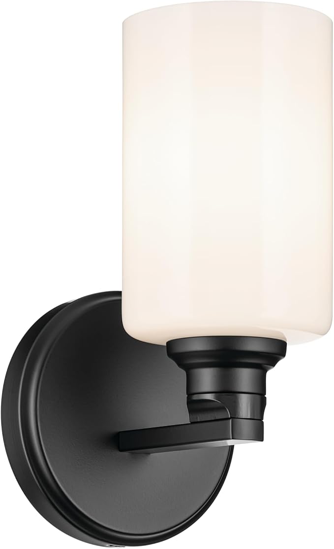 Kichler Gioe 5" 1-Light Wall Sconce Bathroom Light Fixture with Opal Glass in Black, Damp Rated for Powder Room, Kitchen, Hallway, Bedroom (5" x 9.5" x 5"), 55224BK