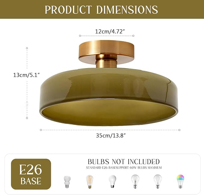 Dome Flush Mount Ceiling Light Mid Century Modern Semi Flush Mount Ceiling Light fixtures with Green Round Glass Shade Brushed Gold Brass Flush Mount Lights for Hallway Dining Room