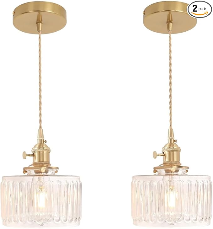 Glass Pendant Light 2 Pack Vintage Brass Hanging Lamp Farmhouse Rustic Industrial Gold Pendant Lighting Fixtures for Kitchen Island Dining Room Hallway