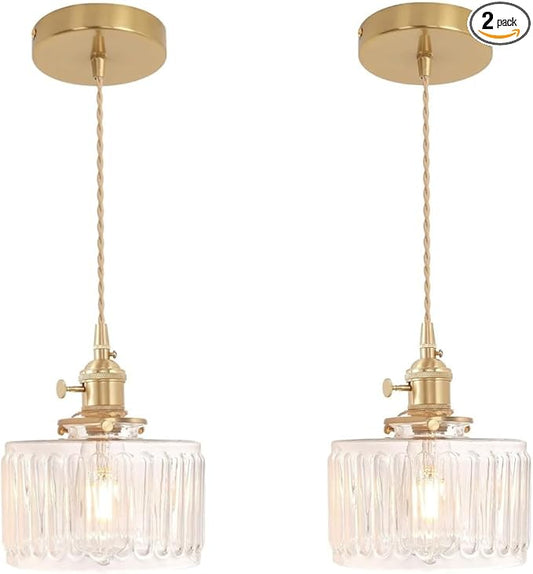 Glass Pendant Light 2 Pack Vintage Brass Hanging Lamp Farmhouse Rustic Industrial Gold Pendant Lighting Fixtures for Kitchen Island Dining Room Hallway